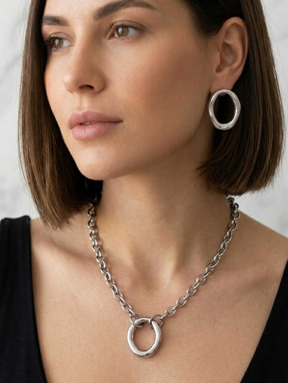 Stainless Steel Abstract Oval Hoop Earrings Link Chain Necklace Set